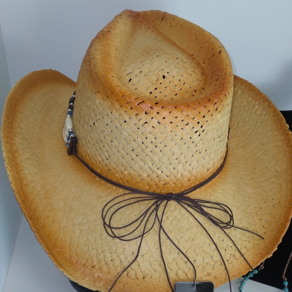 Tan Brown Turquoise Beaded Band Cowgirl Hat w/ Beaded Tassel Necklace Set - Picture 6 of 9